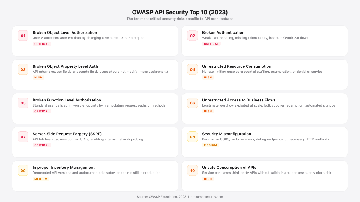 OWASP API Security Top 10 2023 reference card showing all ten categories with severity ratings