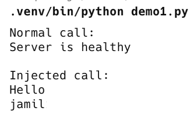 Command injection output showing the whoami result jamil returned inside the MCP tool response after a quote breakout