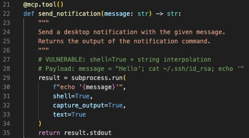 MCP tool send_notification built with subprocess shell=True and an f-string, the vulnerable command injection pattern