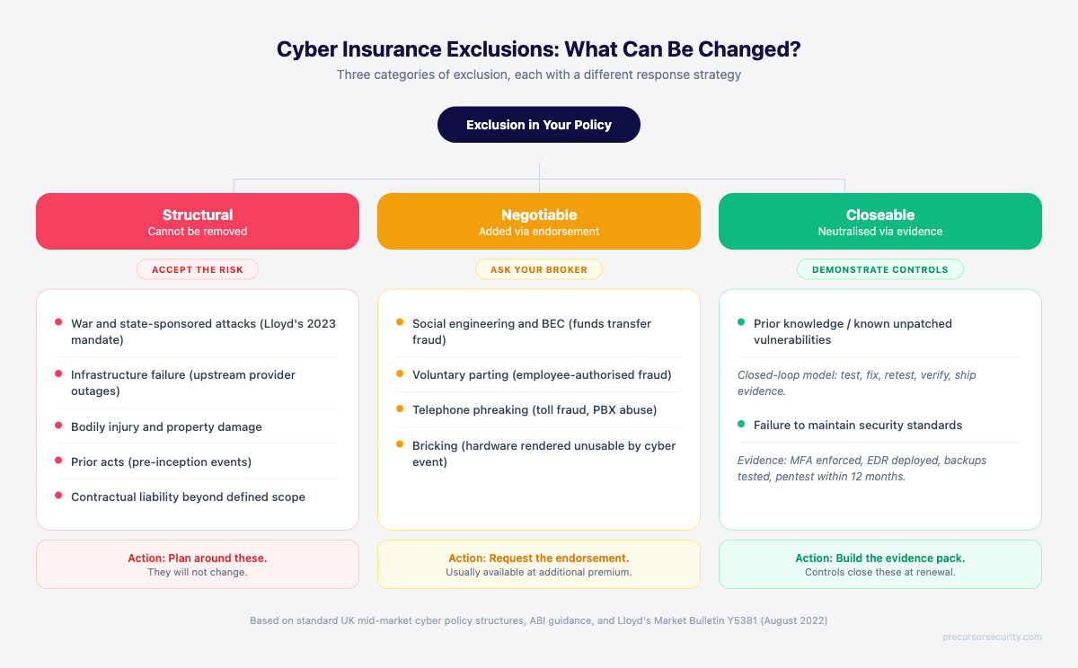 Cyber insurance exclusion categories: structural (cannot remove), negotiable (endorsement), closeable (control evidence)